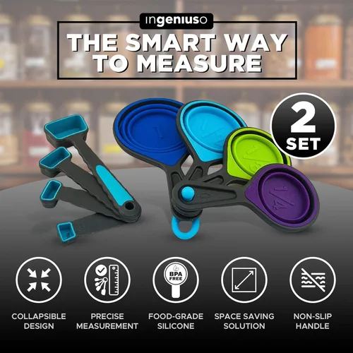 Vista 2 de Tazas medidoras plegables y cucharas anidables, silicona ajustable para cocinar, utilizada para artículos de cocina líquidos y secos, control