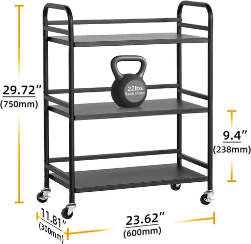 Vista 2 de HDANI Carrito de metal multiusos de 3 niveles, carrito resistente de gran capacidad con ruedas bloqueables con 2 ruedas bloqueables para el hogar