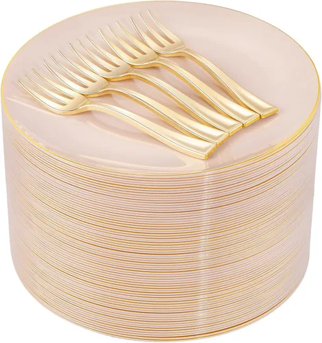 Vista 17 de LIYH 96 piezas de platos desechables de postre y tenedores de oro rosa - Juego de platos de plástico de 19 cm para ensalada, pastel y aperitivos