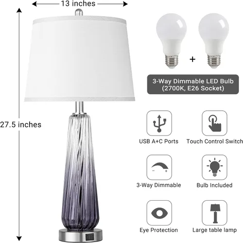 Vista 4 de Juego de 2 lámparas de mesa de vidrio, lámparas de noche modernas para dormitorios con puertos USB A+C, lámpara de mesita de noche regulable de 3