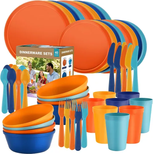 Vista 10 de Juego de vajilla para camping de RV de 40 piezas (servicio para 8), juego de platos y cuencos aptos para microondas con cubiertos, platos