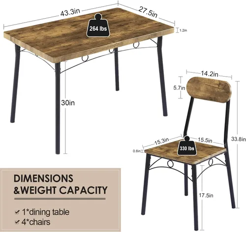 Vista 6 de VECELO Juego de mesa de comedor de 5 piezas, rectangular de metal y madera, rincón de desayuno, comedor con 4 sillas, mesa y silla para 4, marrón
