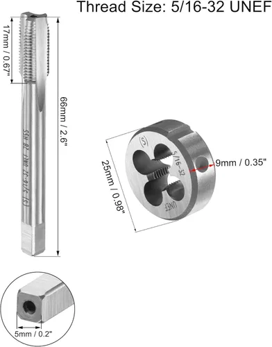 Vista 2 de uxcell 5/16-32 UNEF Juego de llaves y troqueles con llave de mango redondo de 0.984 in, grifo de rosca de máquina de acero de alta velocidad