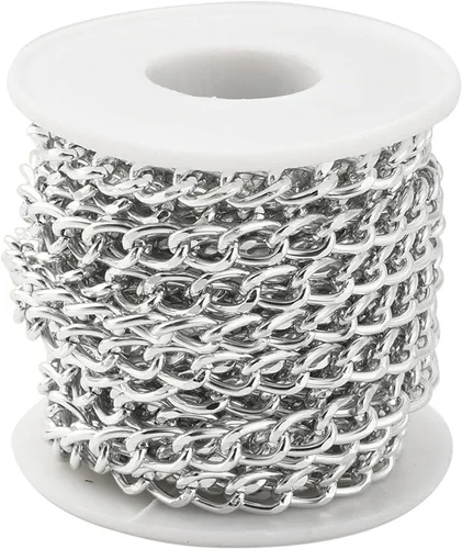 Cadenas de eslabones de aluminio de 16.4 pies de 0.394 x 0.256 x 0.071 in, cadenas cruzadas de eslabones trenzados, chapadas en plata con carrete