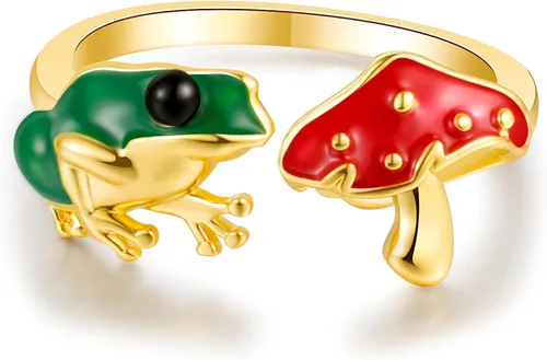 Green Frog Red Mushroom Open-Rings for Women-Girls - Gold Silver Plated Cute Colorful Frog Mushroom Aesthetics Jewelry for BirthdayNew