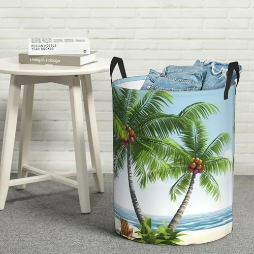 Vista 8 de Tropical Palm Tree print Circular Hamper Waterproof Storage Bin Organizer Basket Laundry Hamper With Handles For Clothes Toys Small