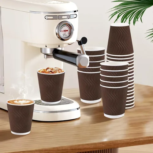 Vista 4 de Clawsoff - Paquete de 150 tazas de café de papel desechables de 8 onzas, aisladas, color marrón Corrugated Ripple Wall Insulates Hands,Hot&Cold