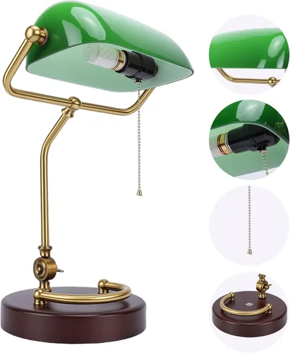 Vista 9 de HEEPDD Vintage Desk Lamp with Pull Chain Switch 350 Rotatable Lampshade Touch Sensitive Dimming Emerald Green Glass Shade for Home Office Library