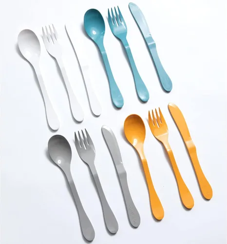 Vista 9 de KNORK Eco - Juego de cubiertos reutilizables de bambú de 12 piezas (tenedor, cuchillo, cuchara) a base de plantas (menta, coral, blanco, gris)