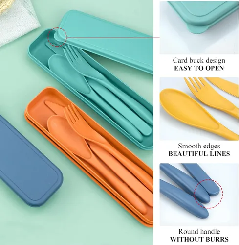 Vista 5 de DISSKNIC Utensilios de viaje reutilizables con estuche, 4 juegos de cubiertos, juego de cucharas y tenedores, utensilios de plástico reutilizables
