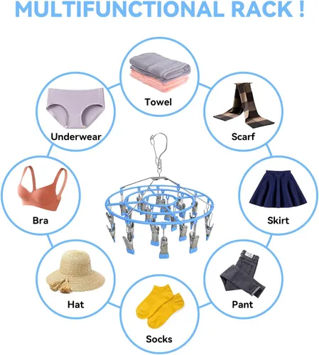 Vista 7 de Perchero de secado de ropa, de acero inoxidable con 24 clips, resistente al viento, redondo, giratorio, resistente al viento, gancho para ropa