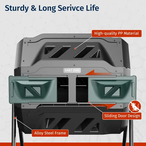 Vista 7 de East Oak Compostador Giratorio de Doble Cámara para Exteriores, 2 × Contenedores de Compost de 18.5 Galones, Compostador Giratorio con Sistema