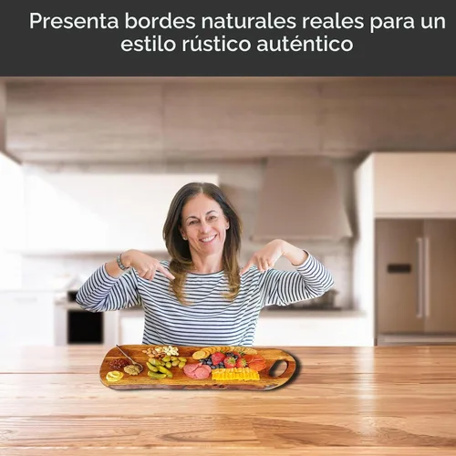 Vista 5 de Tabla de embutidos de acacia con borde vivo natural y mango redondo, tabla de queso de madera, tabla decorativa de madera para servir y cortar