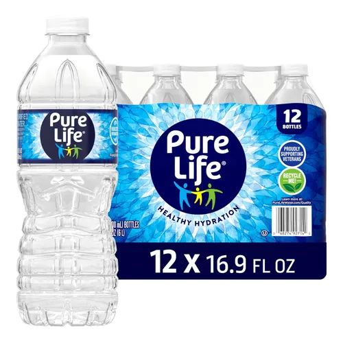 Botellas de agua purificada Pure Life, paquete de 12 - Agua embotellada natural mejorada con minerales para un sabor fresco, botellas de plástico -