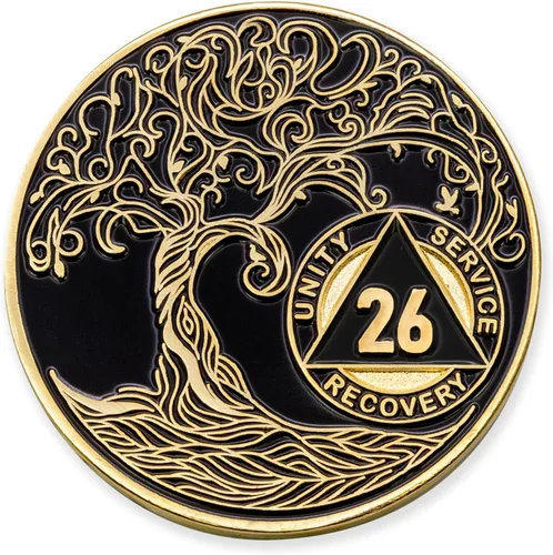 Vista 141 de 1 año Sobriety Mint Twisted Tree of Life Medallón de recuperación AA chapado en oro, chip/ficha - negro