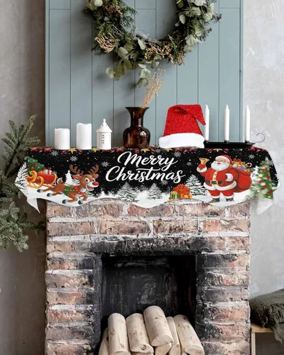 Vista 5 de Bufanda de repisa de Navidad de 60 x 17 pulgadas, decoración de chimenea de Papá Noel de Navidad color negro, cubierta de mantel de invierno