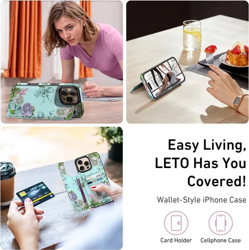 Vista 1295 de LETO para iPhone 15 Pro Funda tipo cartera - Tapa tipo folio con patada - Diseños de moda - Tarjetero - Funda protectora para mujeres y niñas - 6.1