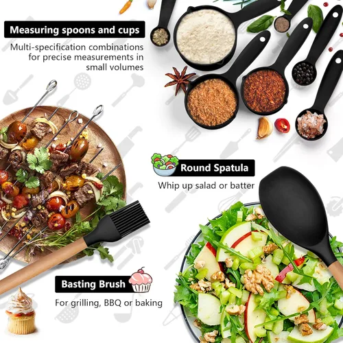 Vista 6 de Juego de utensilios de cocina HaWare, juego de espátulas de silicona de 23 piezas con soporte, utensilio de cocina con mango de madera resistente al