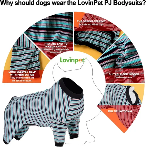 Vista 4 de LovinPet Pijama grande para perro, camisa de algodón multicolor a rayas, cuerpo completo 99.9% algodón, pijama para perro de raza grande, pijama