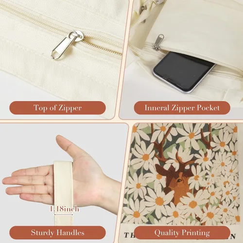 Vista 2 de BROADREAM Bolsa Tote de Lona Estética para Mujeres, Bolsa Tote de Libros Vintage Reutilizable con Bolsillo Interior con Cremallera