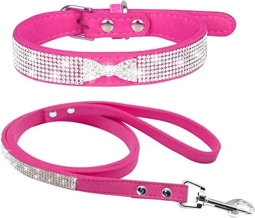 Vista 9 de Conjunto de collar y correa para perro y gato, material de piel de ante suave, deslumbrante y elegante con diamantes de imitación de cristal, collar