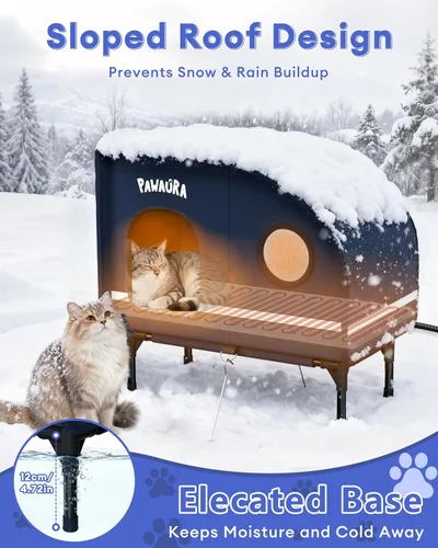 Vista 10 de Casa climatizada para gatos resistente a la intemperie para gatos al aire libre, refugio grueso estilo cámper con almohadilla térmica termostática