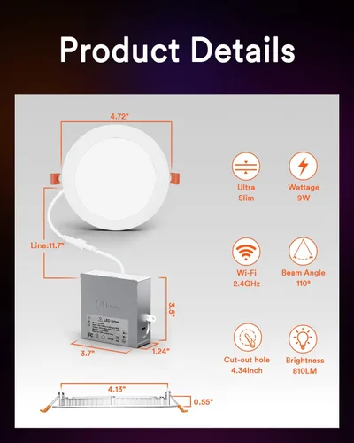Vista 8 de Lumary Iluminación empotrable inteligente de 4 pulgadas, 9 W, 810 lúmenes, luces LED empotrables ultrafinas con caja de conexiones, funciona