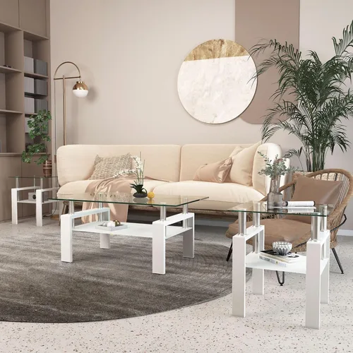 Vista 43 de IANIYA Juego de mesa de 3 piezas para sala de estar, moderno juego de mesa auxiliar de vidrio templado, mesa auxiliar de vidrio con marco de metal