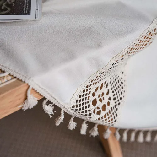 Vista 6 de Elegante cortina de ventana de encaje blanco crema con ojales, estilo bohemio, a cuadros, con borlas, bolsillo para barra de algodón y lino