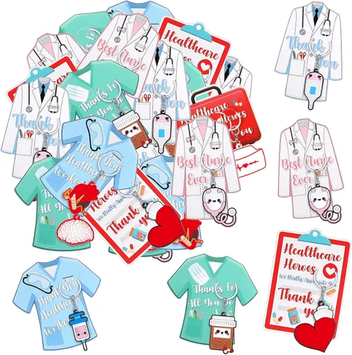 Henoyso 48 Pcs Nurse Gifts Set Bulk 24 Nurse Keychain 24 Thank You Card Nursing Student Gifts Nurse Appreciation Gifts