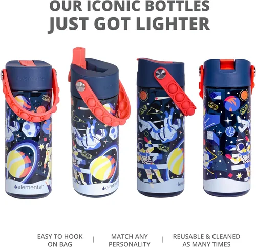 Vista 109 de Elemental Botellas de agua para niños – Botella de agua para niños Splash para la escuela con mango Pop-it – Botella de agua de plástico Tritan sin