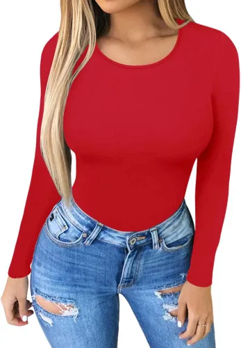 Vista 2 de MANGOPOP Women's Round Collar Clothing Short Sleeve Long Sleeve Tops T Shirt Bodysui