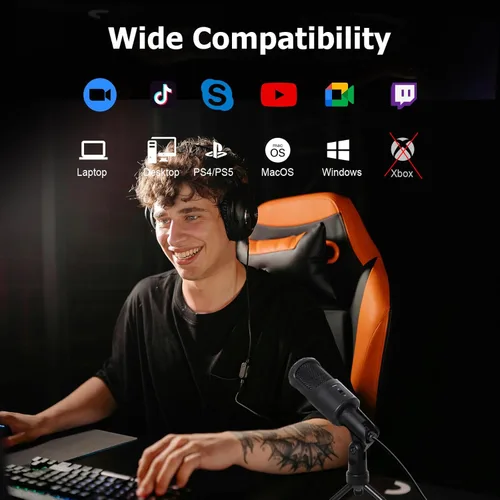 Vista 2 de Micrófono USB para PC, micrófono de condensador de podcast con interruptor de silencio de trípode plegable para transmisión, juegos, podcasting
