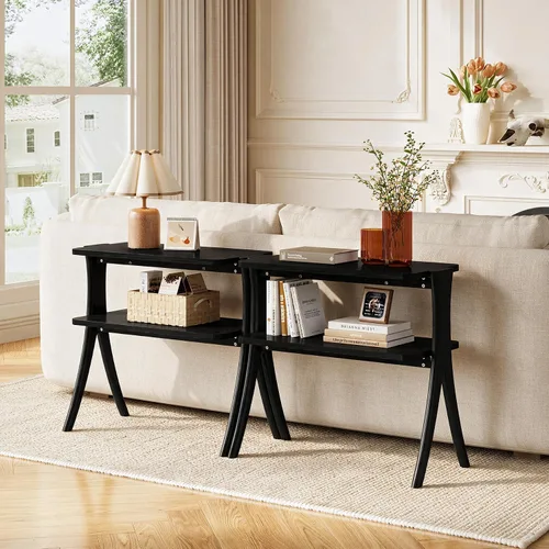 Vista 4 de LITTLE TREE Mesa auxiliar con patas de madera maciza, mesa auxiliar estrecha pequeña de 2 niveles, mesa de granja que ahorra espacio para sala