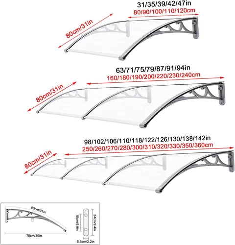Vista 3 de Toldo escalable con protección UV para lluvia y nieve, toldo hueco para ventana, cubierta de policarbonato transparente, soporte blanco, puerta