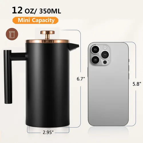 Vista 2 de Prensa Francesa Pequeña 350ml Negra, Prensa Francesa de Acero Inoxidable con Pared Doble Aislada para Viaje y Camping, Cafetera de Café Colado