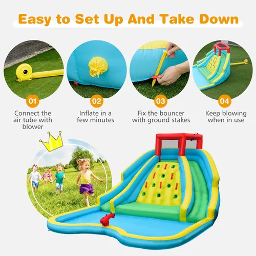 Vista 7 de KOTEK Tobogán acuático inflable, parque acuático gigante inflable con piscina grande para salpicaduras, 2 toboganes, pared de escalada y manguera