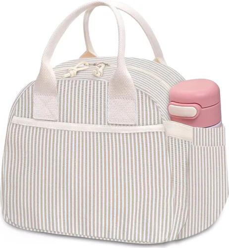 Vista 8 de Carry bloom Lonchera para mujer, lonchera aislada, bonita lonchera de pana reutilizable para el trabajo (1 rayas blancas y negras)