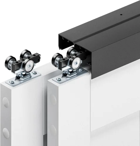 Vista 9 de Herrajes para puerta corredera de 4 pies, kit de riel de puerta de armario, estilo de montaje superior, hecho de aluminio resistente, suave