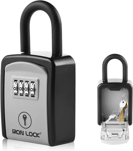 Vista 20 de Iron Lock Caja de bloqueo de llave portátil con grillete de cable y montaje en pared, caja de metal resistente al agua para llaves con código