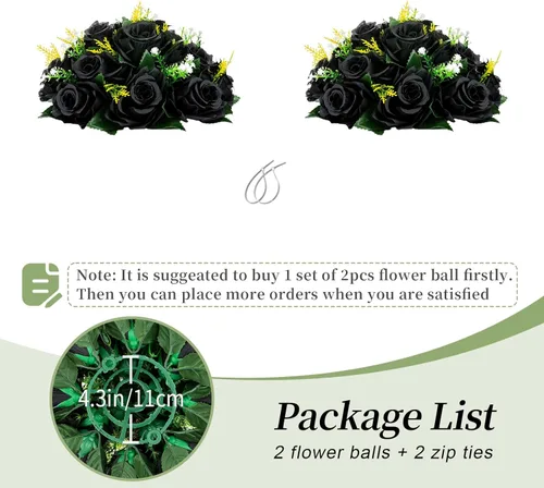 Vista 6 de BLOSMON Bolas de flores, centros de mesa de rosas de boda, 2 piezas, flores falsas negras, bolas de beso, decoración de arreglos florales