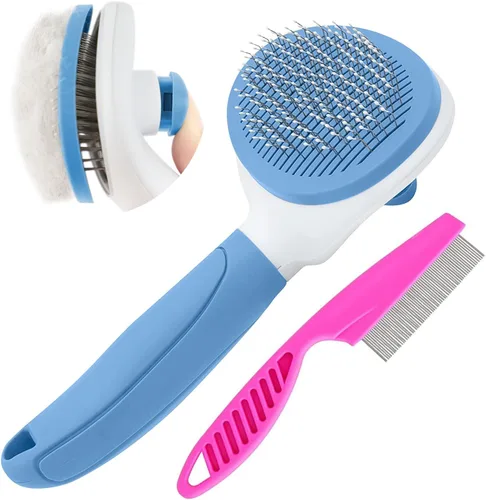 Vista 11 de Cepillos para gatos de interior, cepillo para perros para muda de pelo con peine metálico para gatos, cepillo autolimpiante para pelo de mascotas