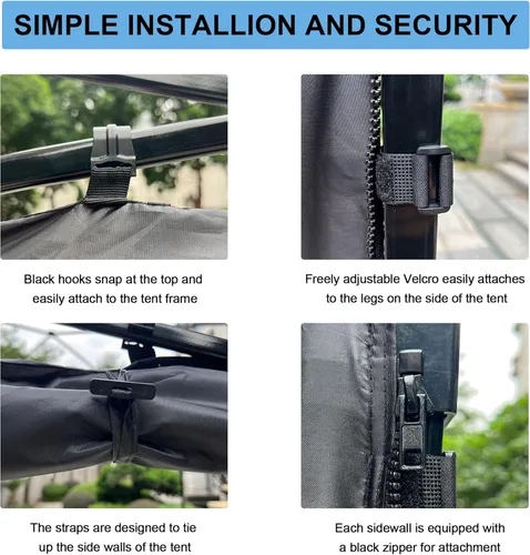 Vista 3 de Toldo desplegable de 10 x 10 con paredes laterales y pared solar, toldo de pierna recta, color negro