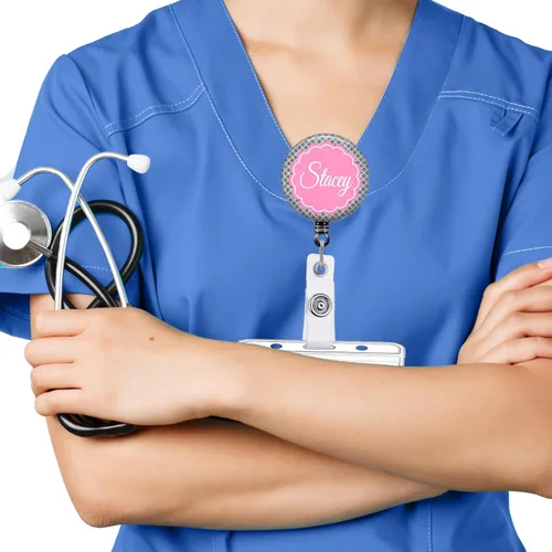 Vista 6 de Flower Medallion Badge Reel (8 Colors) - Retractable Id Holder Personalized with Name, Monogram, Occupation Title - Nurse Gift