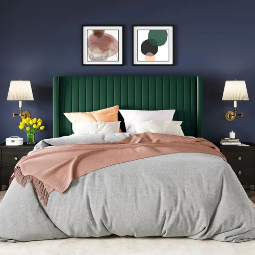 Vista 3 de Allewie Marco de cama de tamaño matrimonial/plataforma tapizada de terciopelo, cabecero con alas capitoné de canal vertical/listones de madera Verde