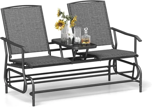 Vista 11 de Tangkula Silla mecedora para 2 personas, sofá biplaza mecedora para patio con mesa central de vidrio templado, banco de columpio para exteriores