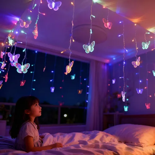Vista 13 de Cadena de luces de mariposa para cortina de 6.1 metros, 120 luces LED para ventana, alimentadas por USB, 24 mariposas, 8 modos con control remoto