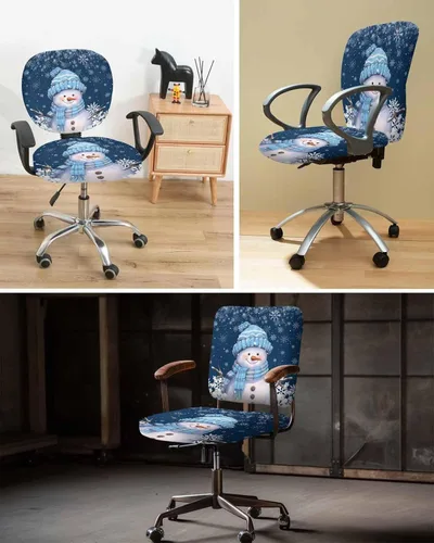Vista 6 de Funda elástica para silla de oficina, diseño de muñeco de nieve, color azul marino, funda de asiento para silla de computadora, funda de respaldo