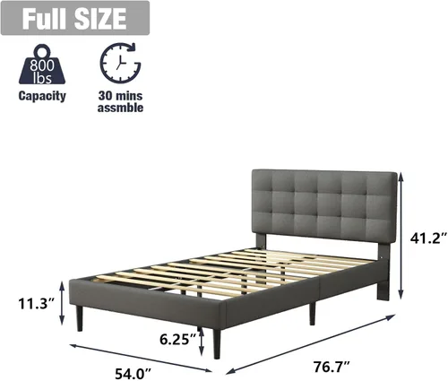 Vista 2 de UNIZONE Base de cama tapizada de tamaño matrimonial con cabecera capitoné, cama de plataforma con cabecera de tela de lino, soporte de listones