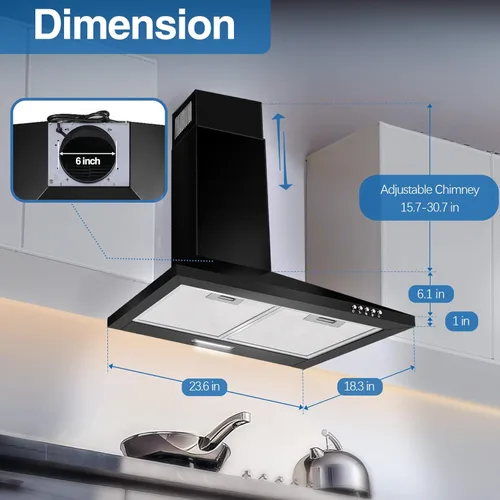 Vista 5 de SNDOAS Campana extractora de 24 pulgadas, 450 CFM Campana extractora negra para montaje en pared, Campana extractora de cocina convertible